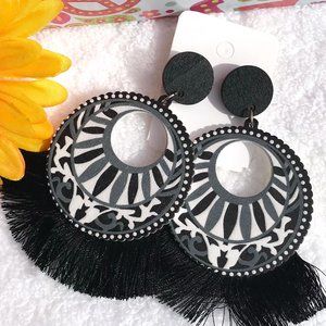 Boho Earrings Fringe Hippie Wood Painted Drop Post